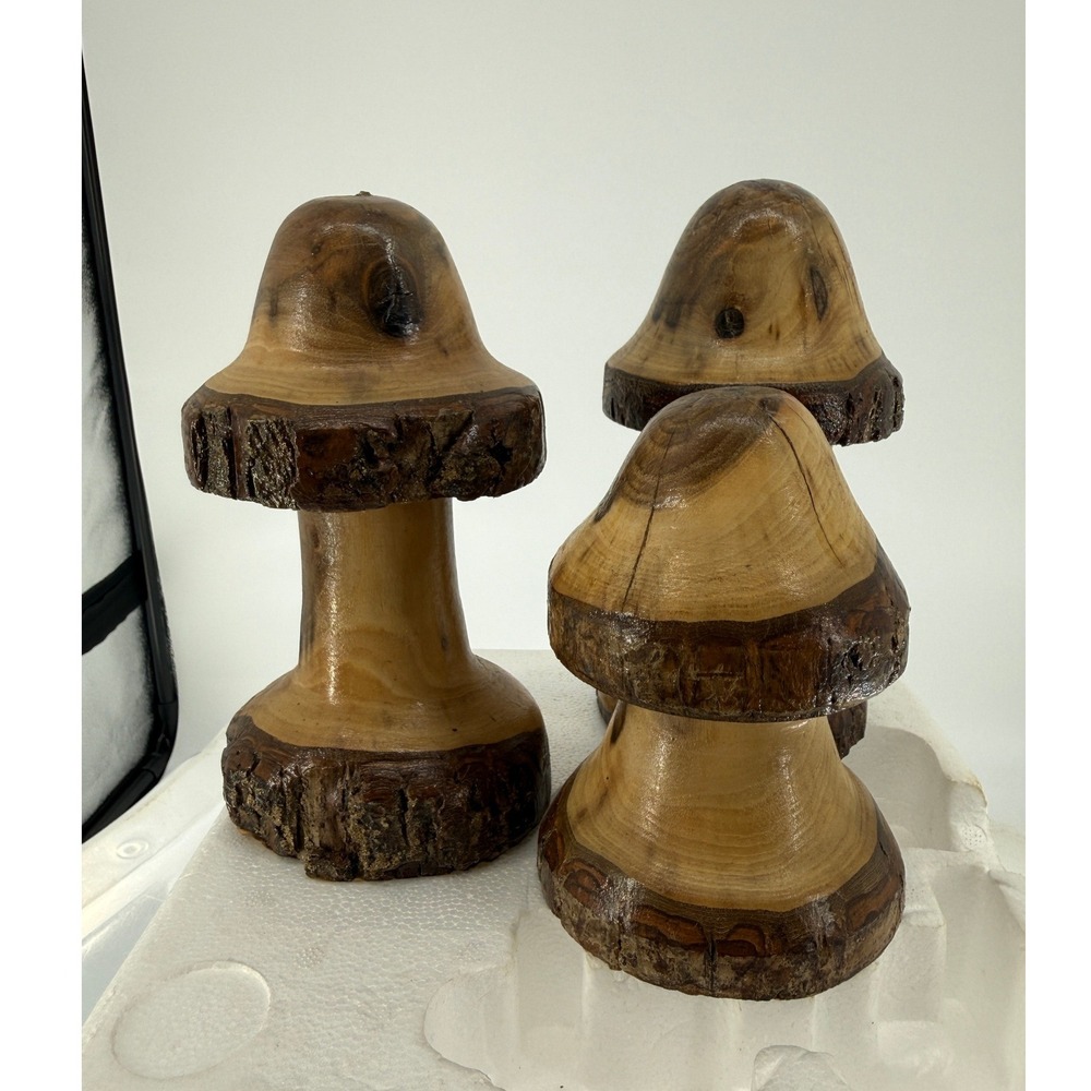 VTG Hand Turned Wood Mushroom Figurines Set of 3 Rustic Live Edge Folk Art Decor